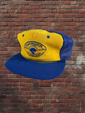 A yellow and blue trucker-style cap with a curved blue brim, shown against a red-brown brick wall. The front panel is yellow with a blue and white 'Charger Power' logo, and the back mesh is blue.
