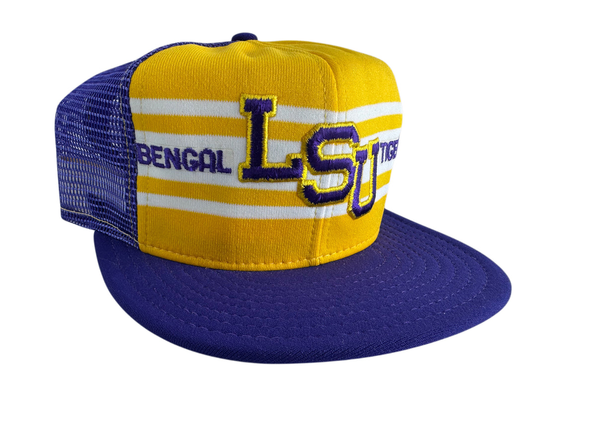 A yellow and purple LSU Tigers trucker hat with a yellow front panel, white stripes, purple mesh back, and 'BENGAL LSU Tigers' embroidered text.