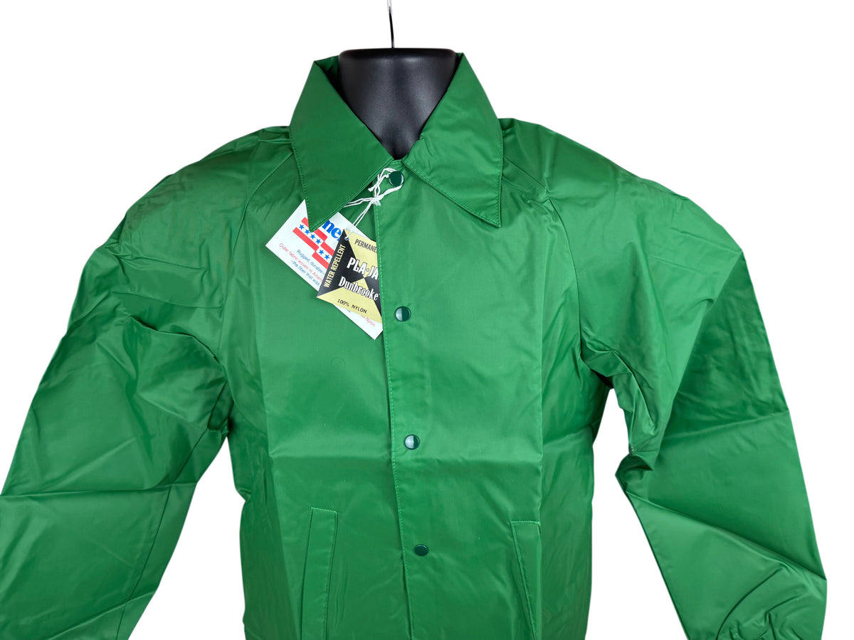 A bright green long-sleeve nylon jacket displayed on a black mannequin torso against a white background, with a hangtag still attached near the collar.