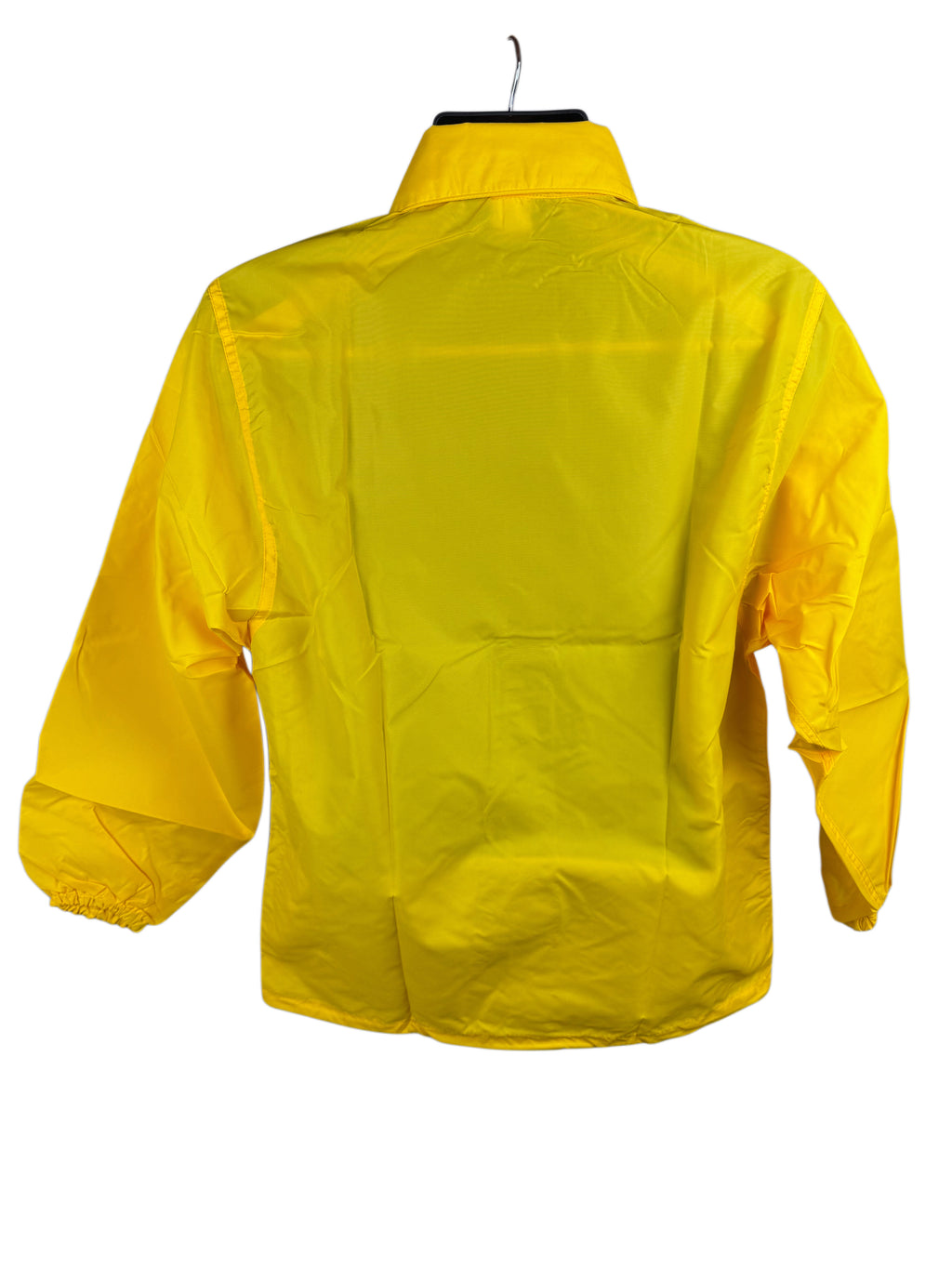 A bright yellow lightweight jacket or windbreaker shown from the back, hanging on a black hanger against a plain white background.