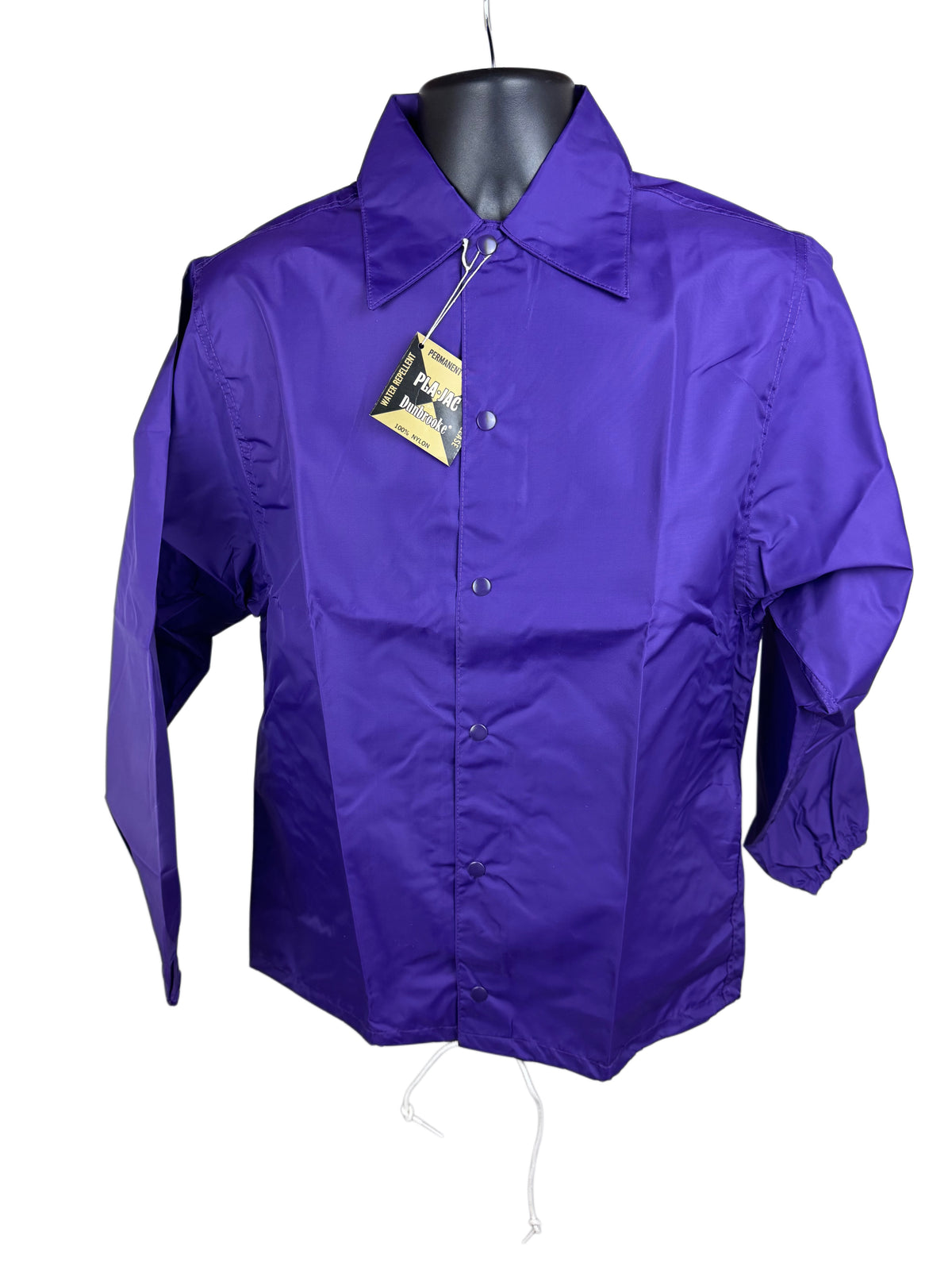 A vibrant purple long-sleeve snap button nylon jacket displayed on a black mannequin torso against a white background, featuring a hangtag on the chest.