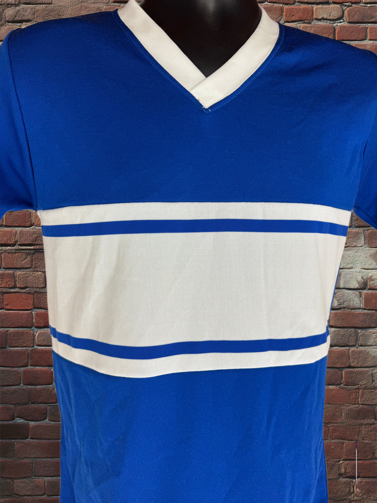 A blue and white striped v-neck t-shirt displayed on a black mannequin torso against a red brick wall background.