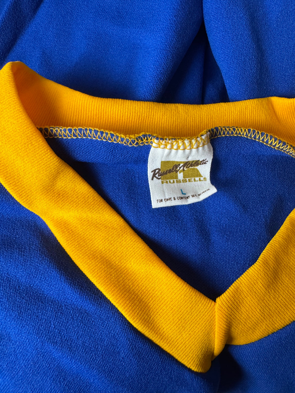 Vintage Russell Athletic 1970s Gold-Tag Nylon Jersey Royal Blue Gold White Deadstock