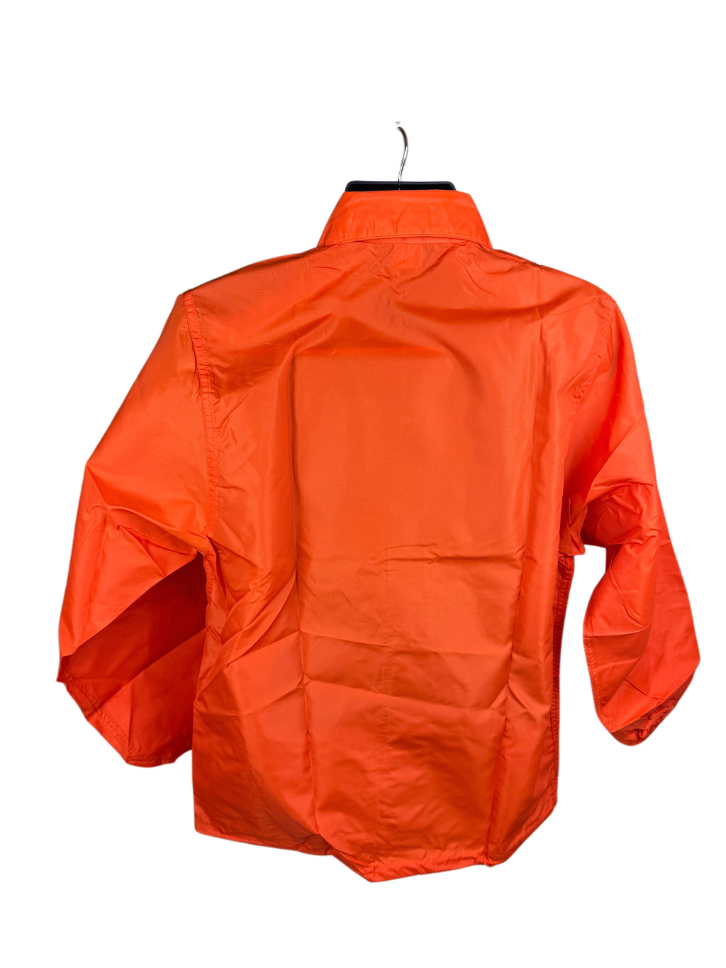 An orange long-sleeve collared nylon jacket shown from the back, hanging on a black hanger against a plain white background.