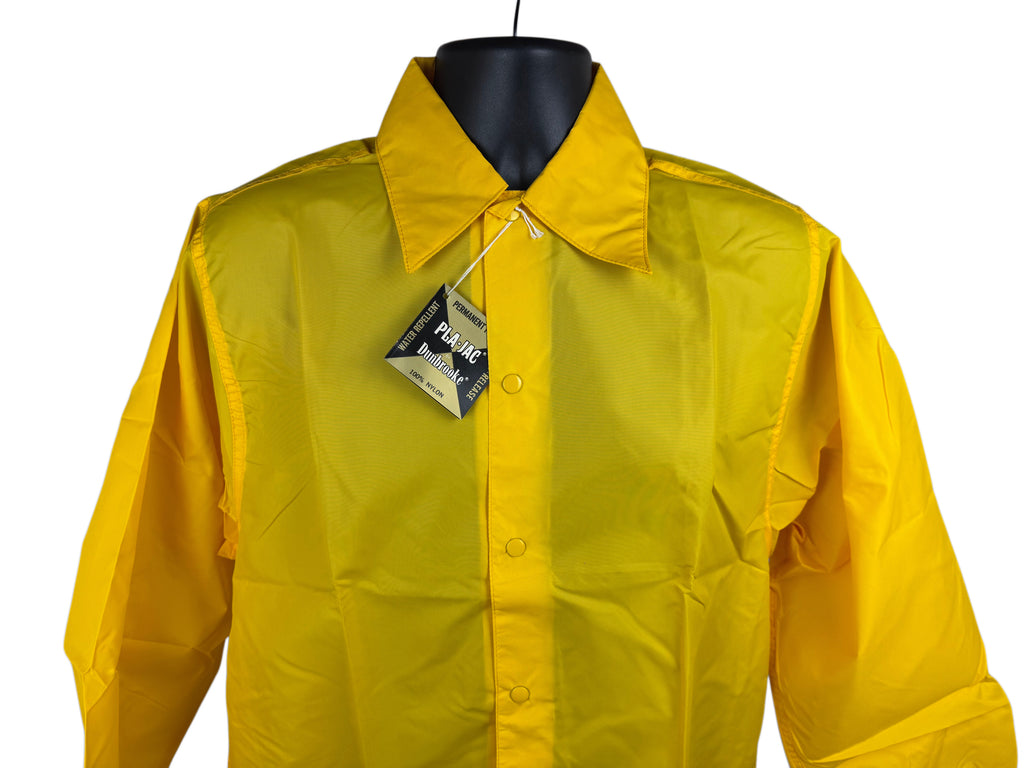 A bright yellow long-sleeve snap-front closure nylon jacket  displayed on a black mannequin torso against a plain white background, with a hangtag attached near the collar.