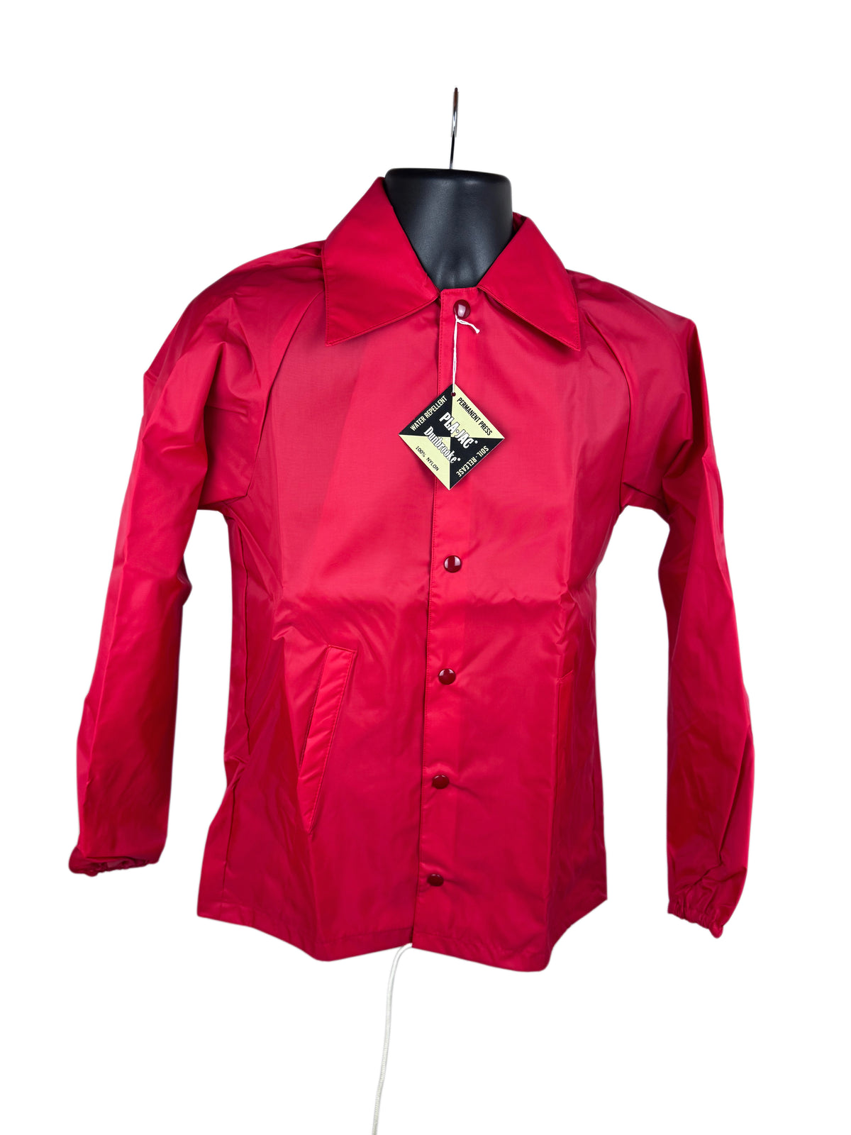 A bright red long-sleeve snap front jacket displayed on a black mannequin torso against a plain white background, with a hangtag attached at the collar.