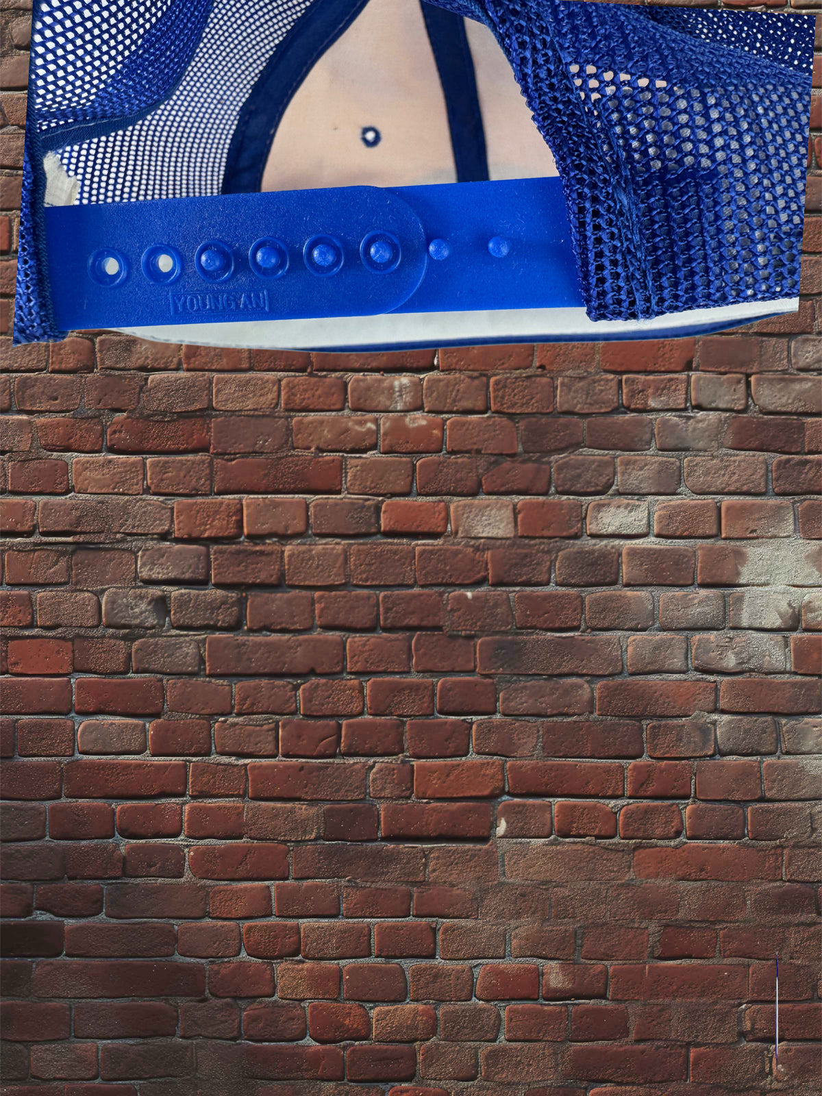 A blue mesh trucker-style cap with a solid blue adjustable strap and snap closure, shown from the back with a brick wall background.