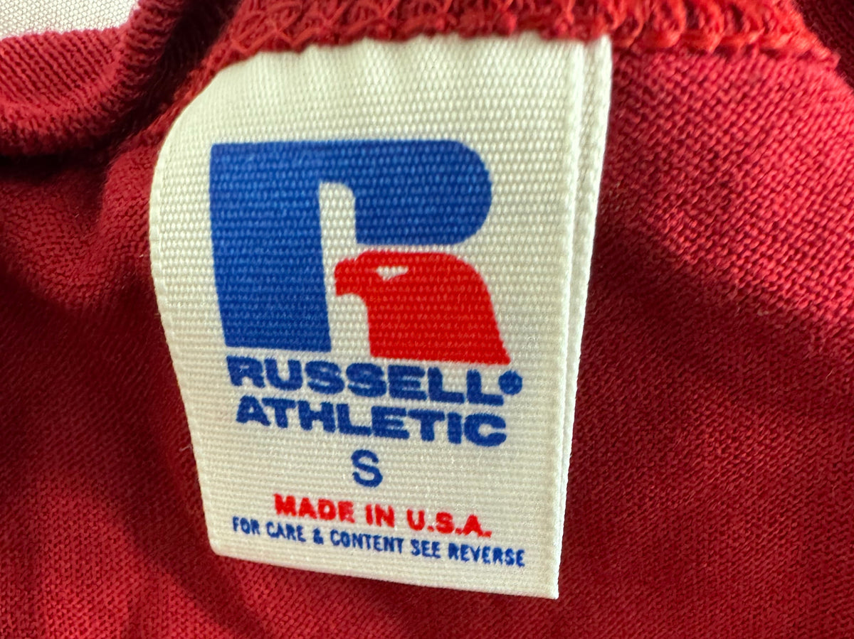 Vintage 1980s Russell Athletic Cardinal Red T-Shirt – Made in USA – 50/50 Blend